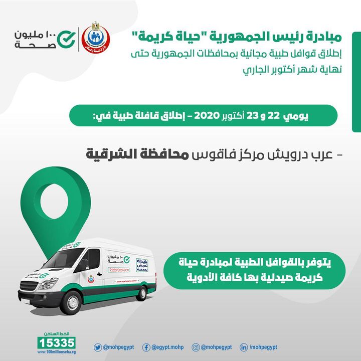 قافلة طبية ضمن مبادرة حياة كريمة يومي 22 و 23 أكتوبر للكشف والعلاج مجانًا بمحافظة الشرقية 94579