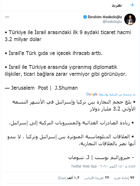 بحسب الصحفي التركي İbrahim Haskoloğlu وصل حجم التبادل التجاري بين تركيا و إسرائيل في أول ٩ شهور من عام ٢٠٢٠ بلغ ٣ EkYr845X0AAEJTY