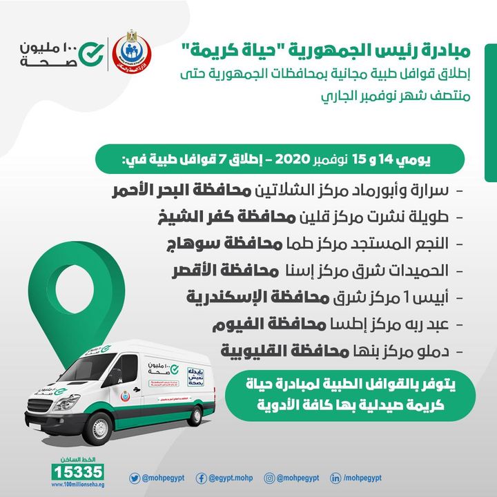 إطلاق ٧ قوافل طبية ضمن مبادرة رئيس الجمهورية ⁧‫حياة كريمة‬⁩ ‏يومي ١٤ و ١٥ نوفمبر للكشف والعلاج مجانًا في 13271