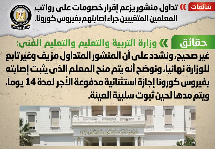 شائعة: تداول منشور يزعم إقرار خصومات على رواتب المعلمين المتغيبين جراء إصابتهم بفيروس كورونا تداولت 22267