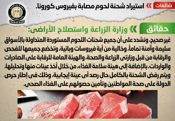 شائعة: استيراد شحنة لحوم مصابة بفيروس كورونا انتشر في بعض المواقع الإلكترونية وصفحات التواصل الاجتماعي 32694