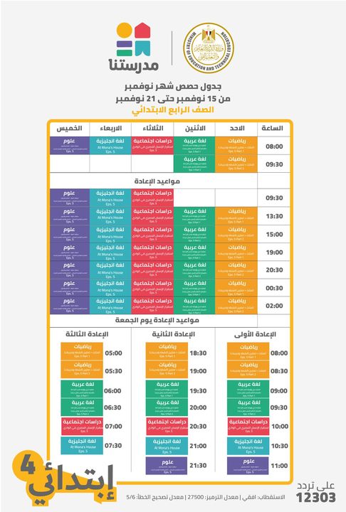 جداول الأسبوع الخامس لعرض الحصص التعليمية للمواد الأساسية (المواد داخل المجموع) من الصف الرابع الابتدائي حتى 76046