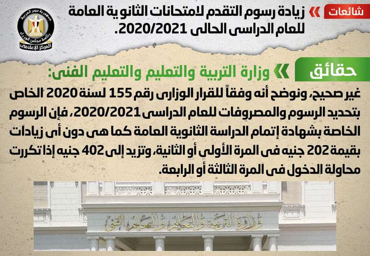 شائعة: زيادة رسوم التقدم لامتحانات الثانوية العامة للعام الدراسي الحالي 2020/2021 32403