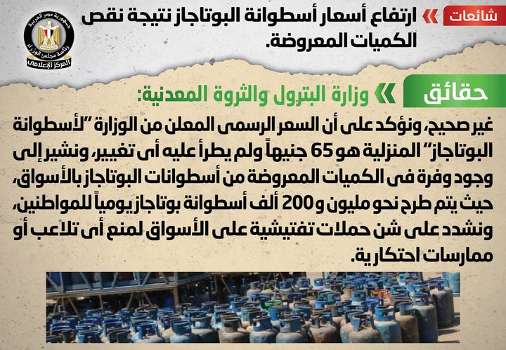 شائعة: ارتفاع أسعار أسطوانة البوتاجاز نتيجة نقص الكميات المعروضة انتشر في بعض المواقع الإلكترونية 17073