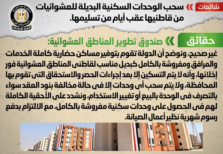 شائعة: سحب الوحدات السكنية البديلة للعشوائيات من قاطنيها عقب أيام من تسليمها 28635