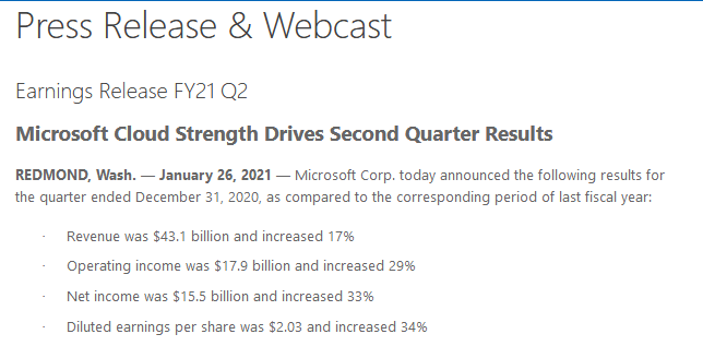 مايكروسوفت تحقق 43.3 مليار دولار من الإيرادات في الربع المالي الثاني 2021 Screenshot 2021 01 28 FY21 Q2 Press Releases Investor Relations Microsoft