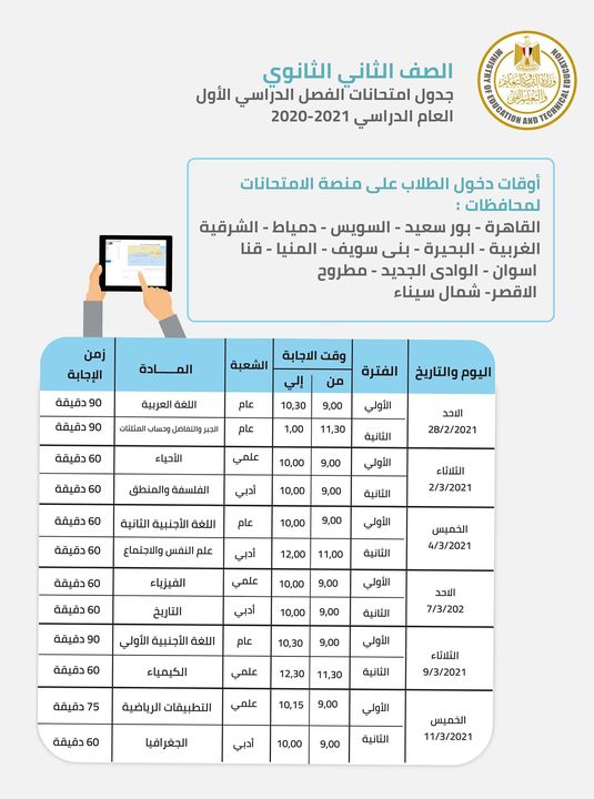 إبتداءً من الغد الأحد ٢٨ فبراير تقسيم حضور طلاب الصف الأول والثاني الثانوي على حسب المحافظة 37827