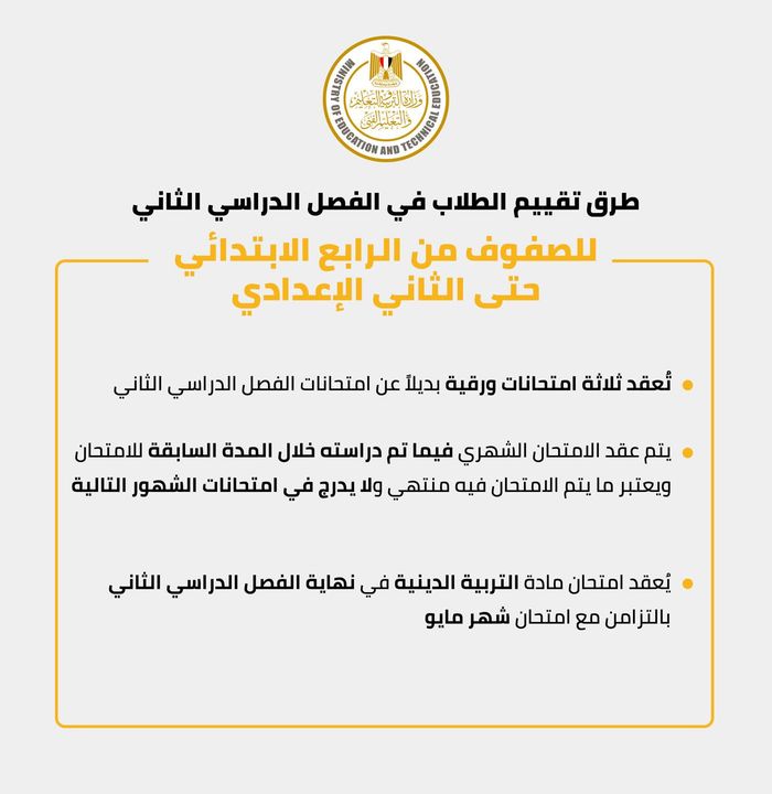 طرق تقييم الطلاب في الفصل الدراسي الثاني للصفوف من الرابع الابتدائي حتى الثاني الإعدادي في المدارس الرسمية 53196
