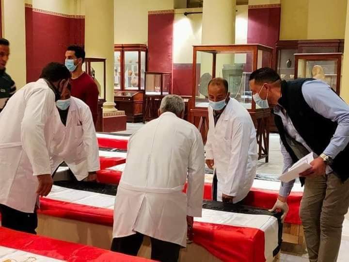 The final preparations for the Golden parade by transferring the mummies of ancient Egyptian kings and queens from the Egyptian Museum in Tahrir square to the Egyptian Civilisation (NMEC) EyDw dpXAAISZYp