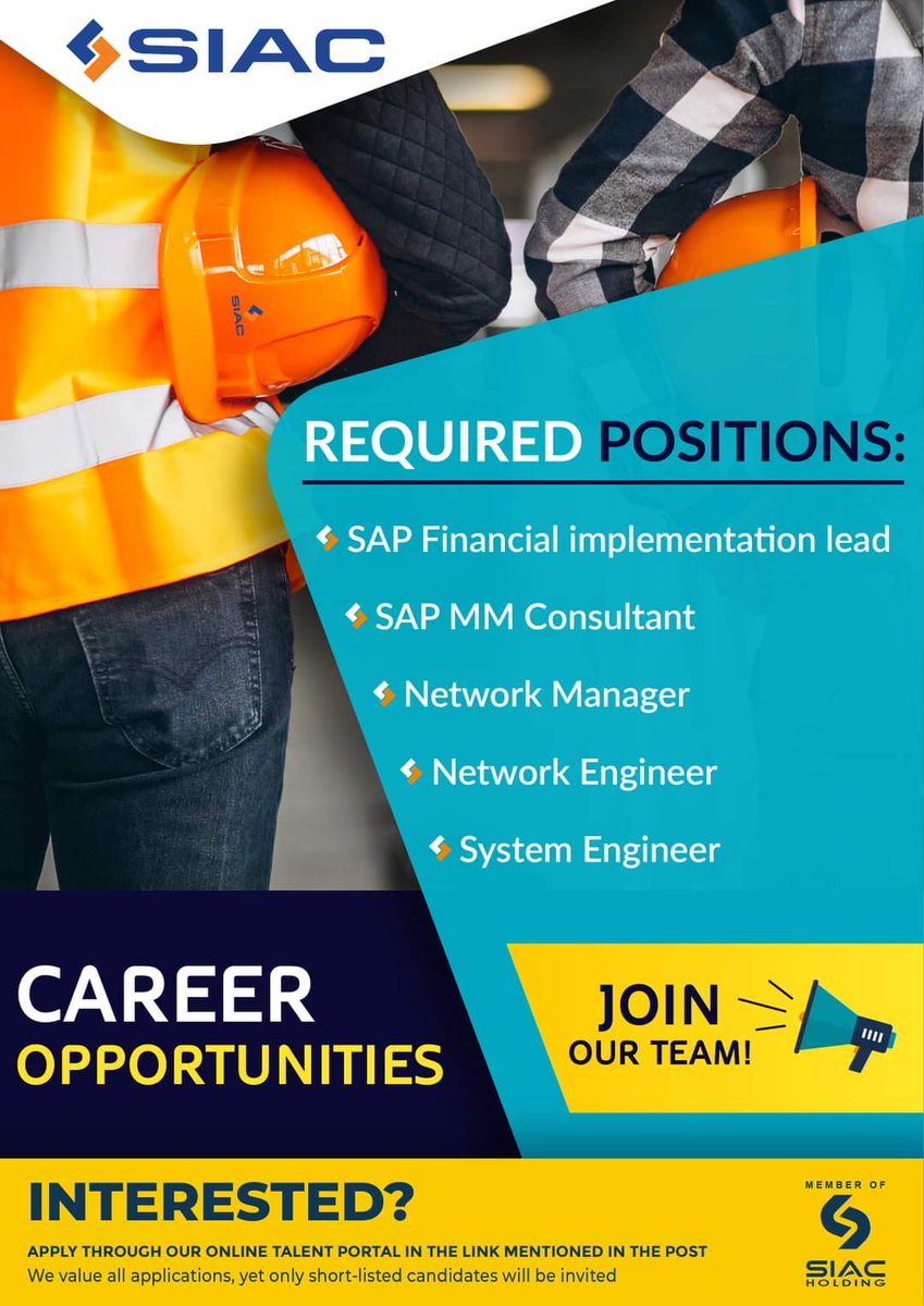 شركة SIAC للإنشاءات تعلن عن حاجتها للوظائف التالية من خلال الرابط ⬇️ SIAC is hiring the positions mentioned in the attached photo Eyw6pmFWYAgC6yB