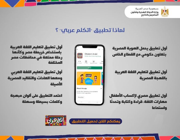 أطلقت وزارة الهجرة المصرية تطبيق اتكلم عربي لتعليم الأطفال ببساطة ومحاكاة فنية على خريطة مصر، والذين يناسب 39223