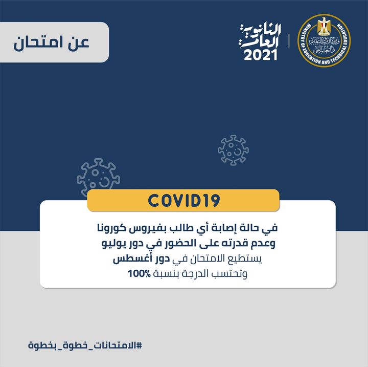 في حالة إصابة أي طالب في امتحانات الثانوية العامة بفيروس كورونا وعدم قدرته على الحضور في دور يوليو، يستطيع 18564