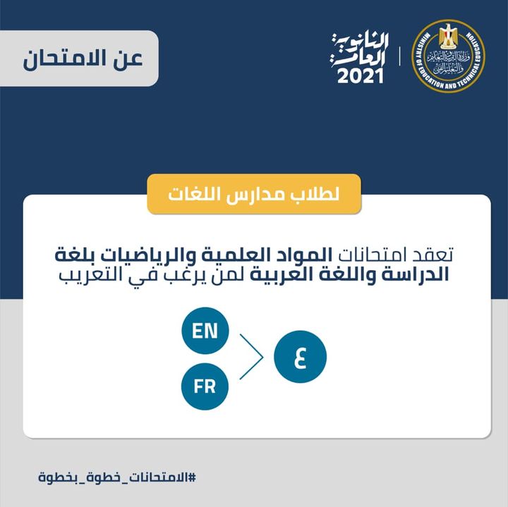 لجميع طلاب الثانوية العامة في مدارس اللغات، تعقد امتحانات المواد العلمية والرياضيات بلغة الدراسة وأيضاً 21028