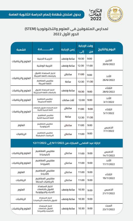 جدول امتحانات شهادة إتمام الثانوية العامة للطلاب بمدارس المتفوقين في العلوم والتكنولوجيا STEM والتي ستعقد في 32003