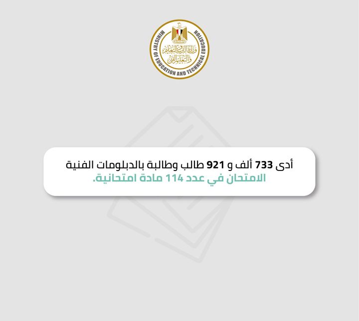 أدى 733 ألف و921 طالب وطالبة ب الدبلومات الفنية (نظام الخمس سنوات والثلاث سنوات)، صباح اليوم، الامتحان في عدد 114 20193