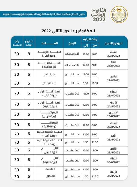 جدول امتحانات شهادة إتمام الثانوية العامة 2022 للدور الثاني للمكفوفين