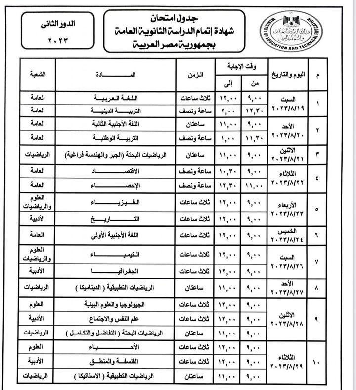 وزير التربية والتعليم يعتمد جدول امتحانات الدور الثاني لامتحانات الثانوية العامة ٢٠٢٢ / ٢٠٢٣ فتح باب 66565