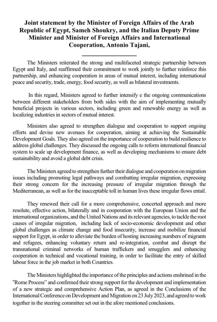 The joint statement by the Minister of Foreign Affairs of the Arab Republic of Egypt, Sameh Shoukry, and the Italian Deputy Prime Minister and Minister of Foreign Affairs and International 59946