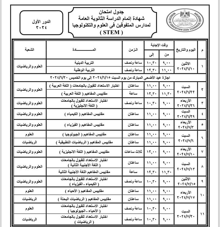 وزارة التربية والتعليم والتعليم الفني: وزير التربية والتعليم يعتمد جدول امتحانات شهادة 46986